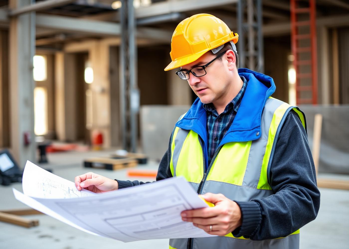 Project manager reviewing blueprints on site